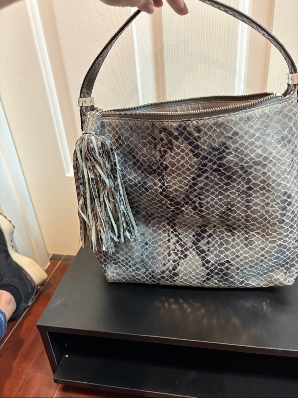 Michael Kors Gray Snake-Print Shoulder Bag with Tassel